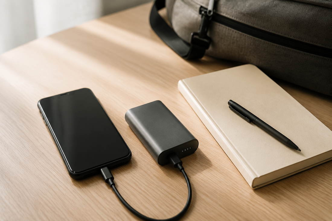 Phone, power bank and paper notebook prepared for offline communication