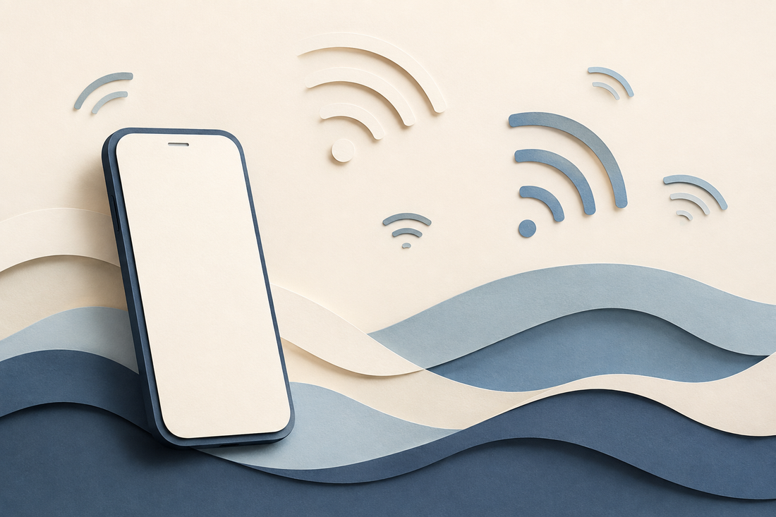 Conceptual illustration of a phone and disconnected communication shapes