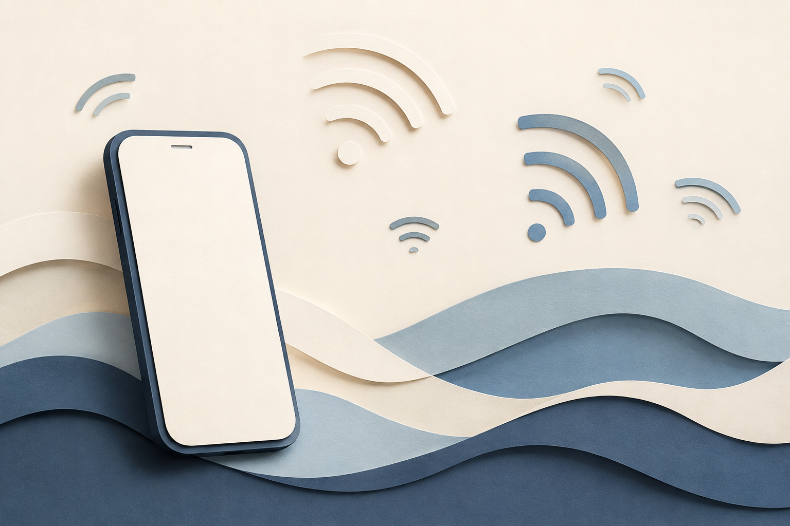 Conceptual illustration of a phone and disconnected communication shapes