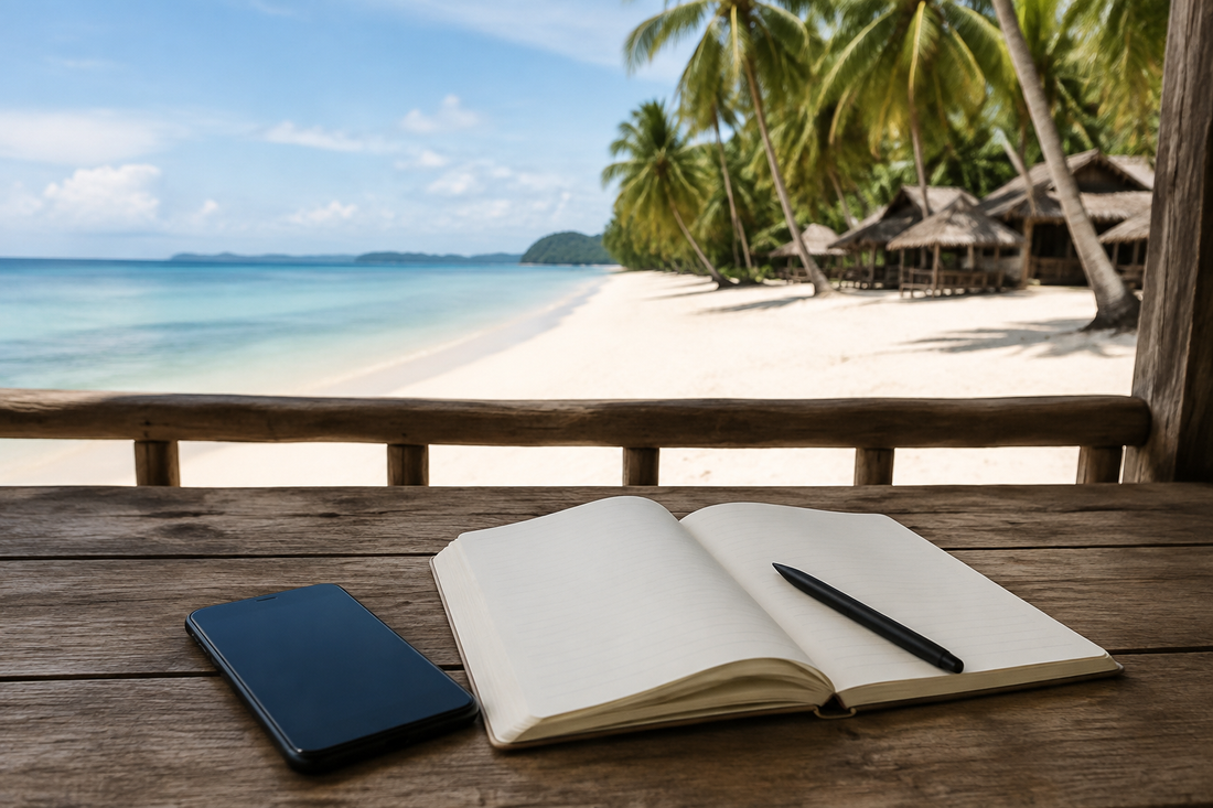 Unbranded phone and blank notebook on a Philippines-inspired beach terrace