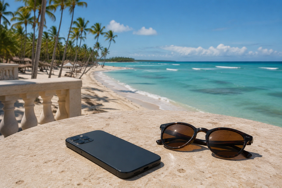 Unbranded phone and sunglasses overlooking a Punta Cana-style beach