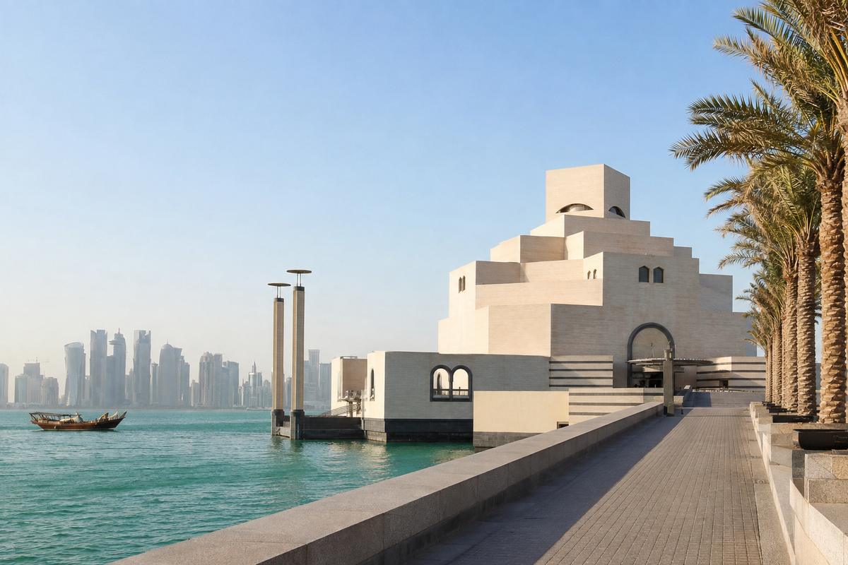 Museum of Islamic Art exterior beside the sea in Doha