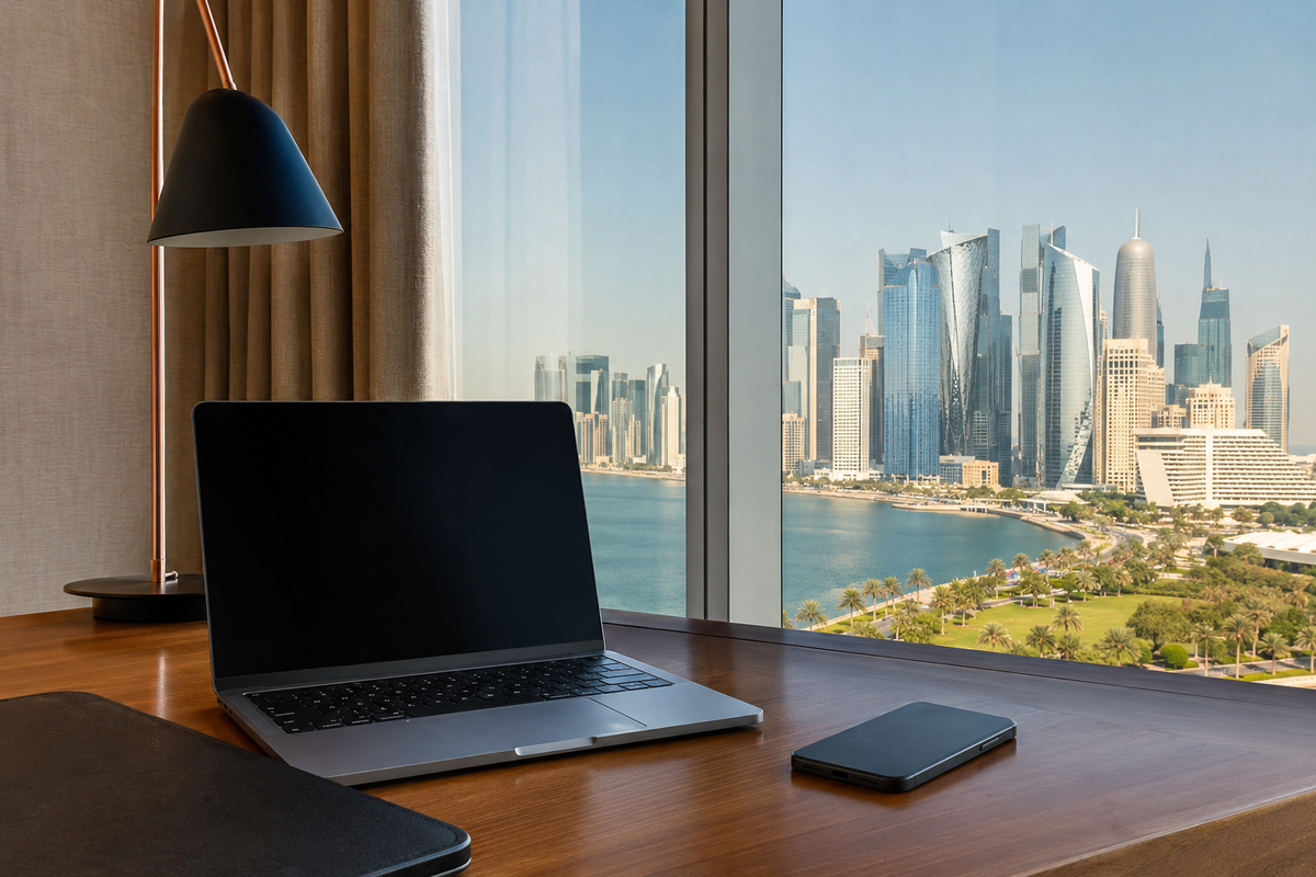 Laptop and smartphone beside a hotel window overlooking Doha