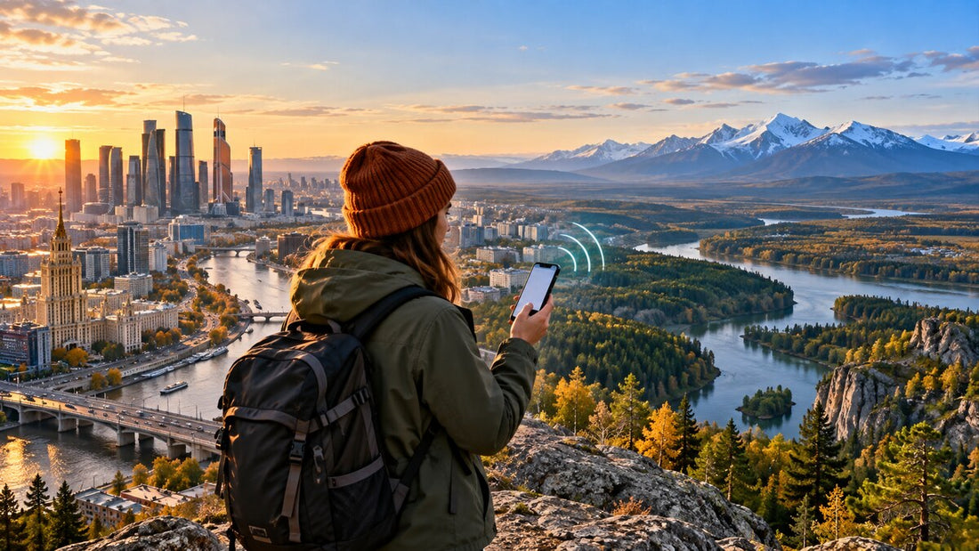 Traveler checking mobile coverage between a Russian city and countryside