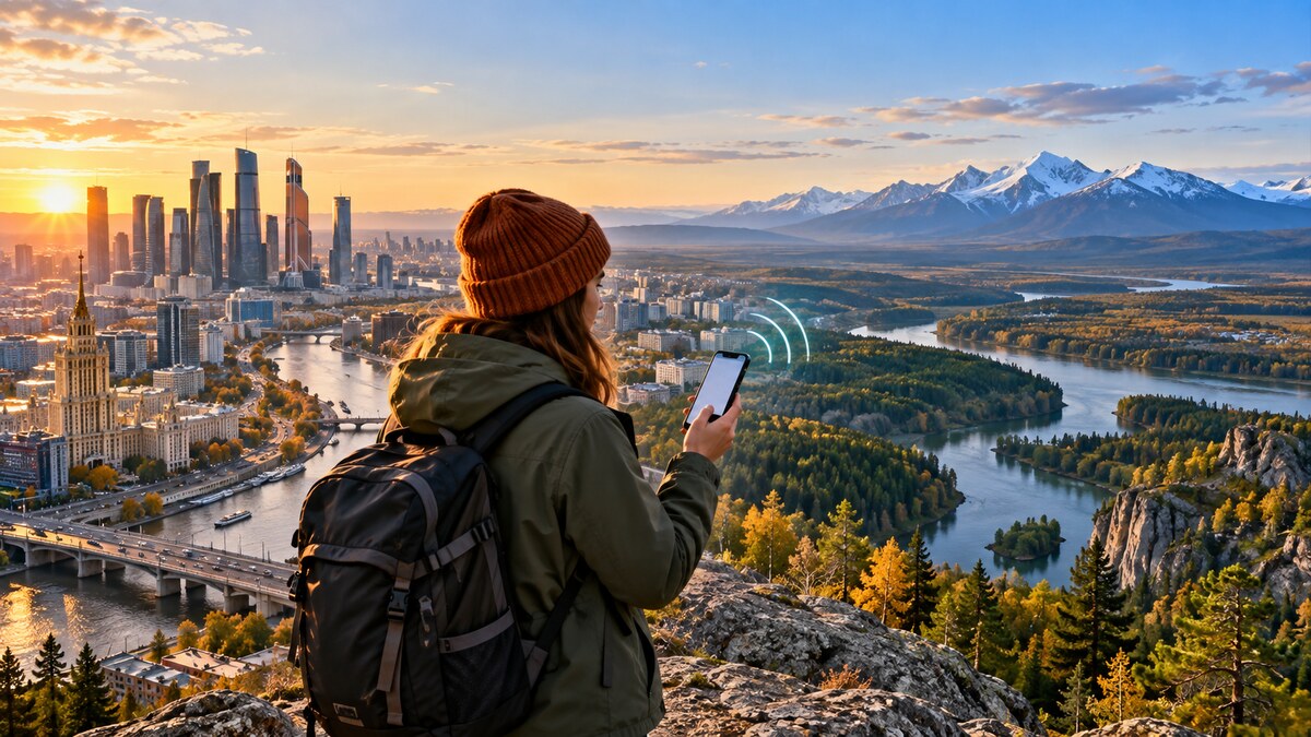 Traveler checking mobile coverage between a Russian city and countryside