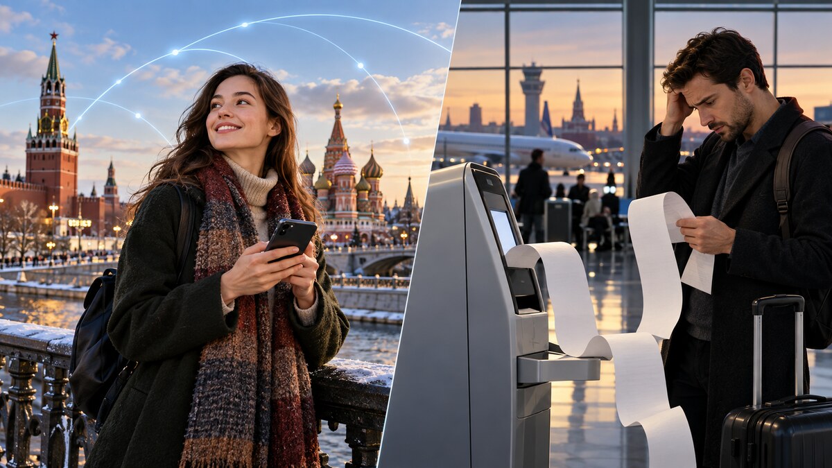 Travelers comparing mobile connectivity choices for Russia