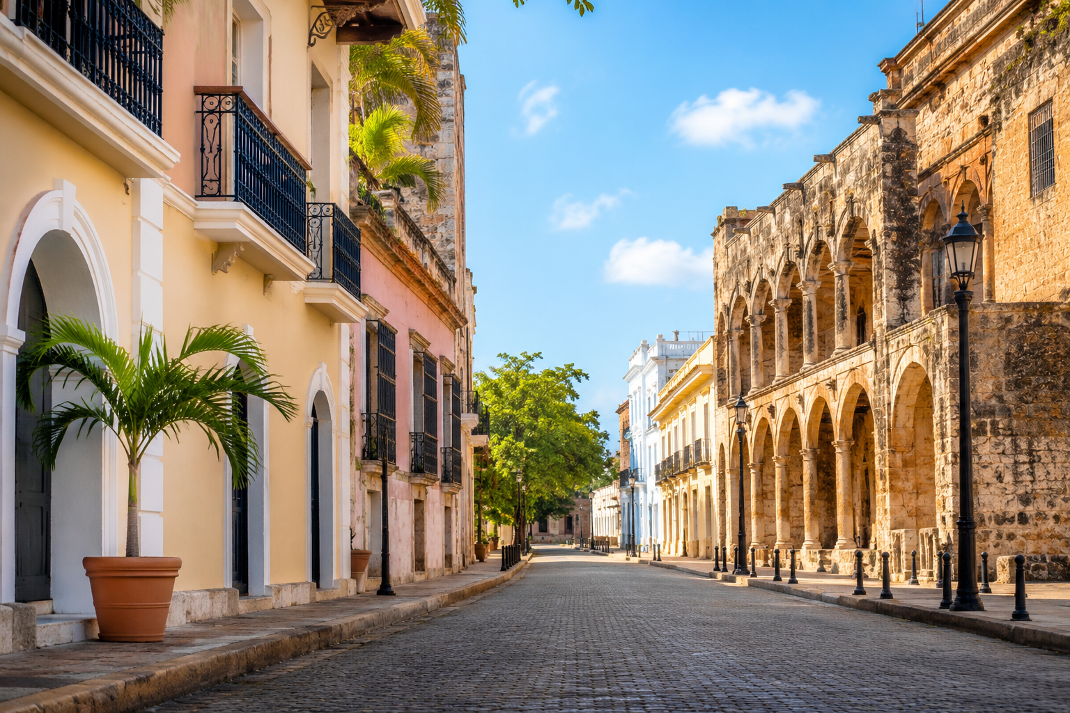 Illustrative Santo Domingo-style colonial street and historic stone architecture