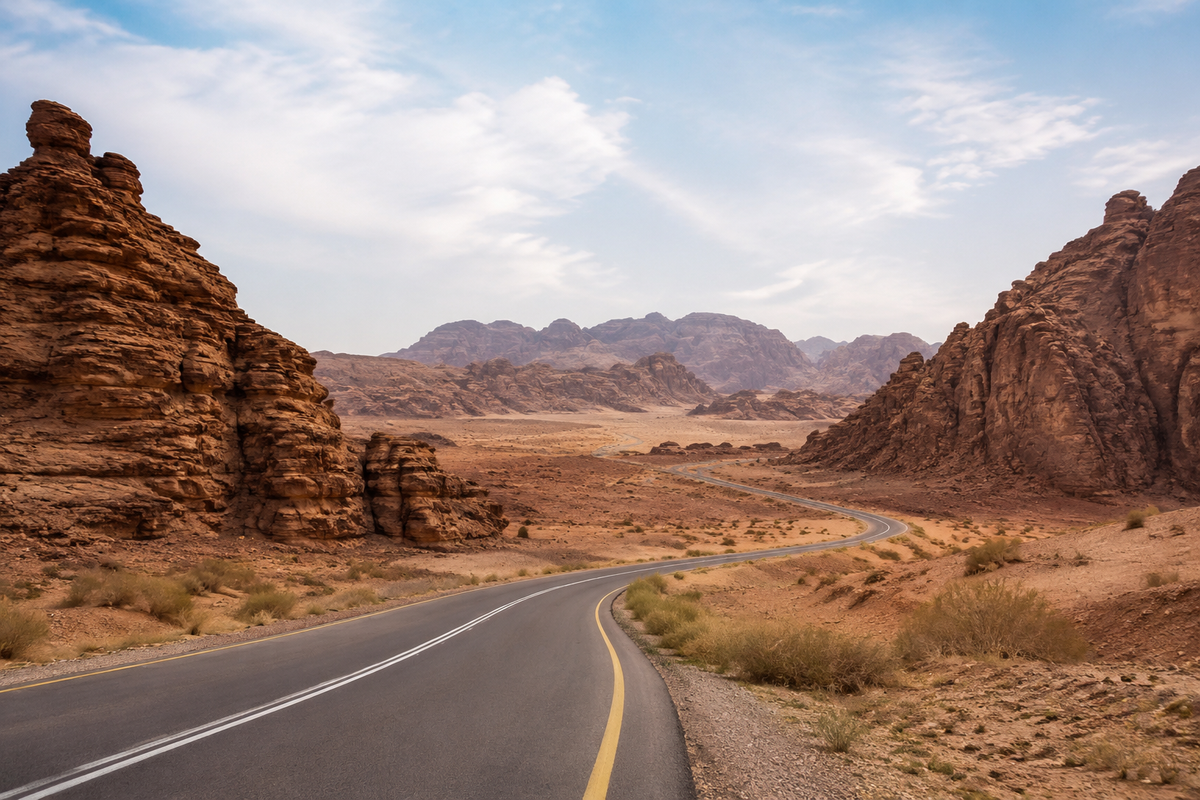Winding road through a Saudi desert sandstone landscape