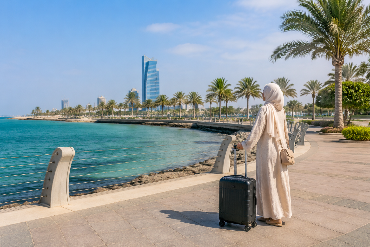Traveler with a suitcase on the Jeddah waterfront