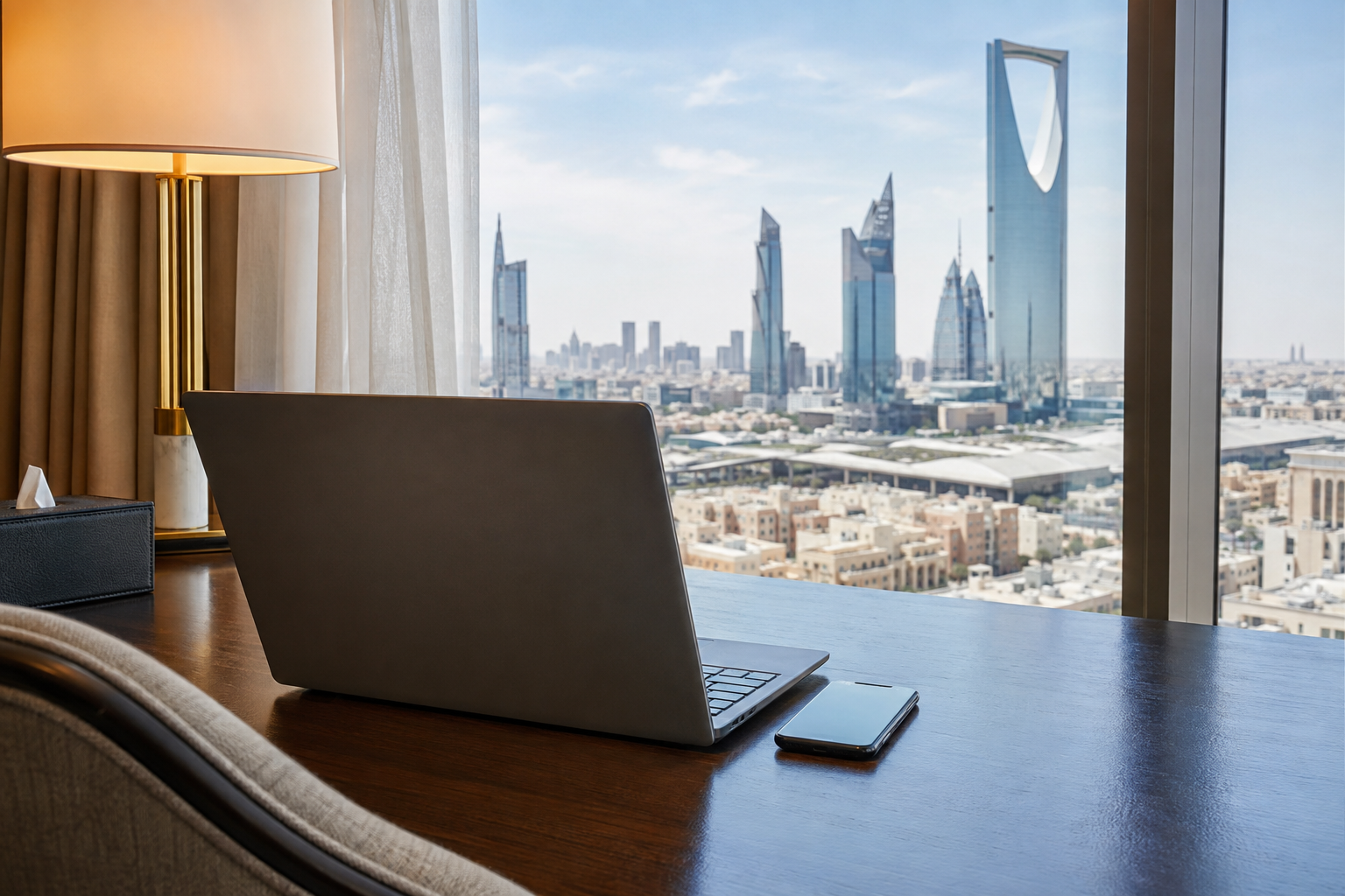 Laptop and phone on a hotel desk overlooking Riyadh