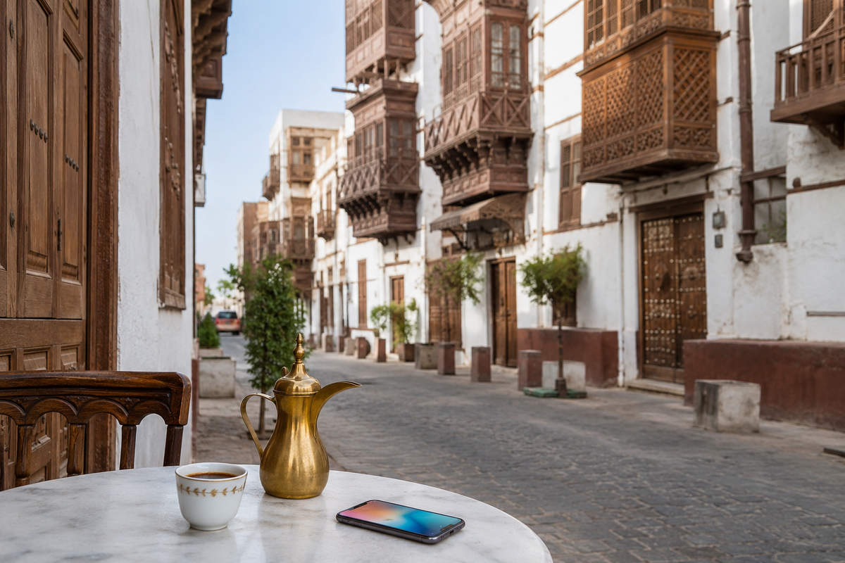 Smartphone and Arabic coffee on a table in a traditional Jeddah street