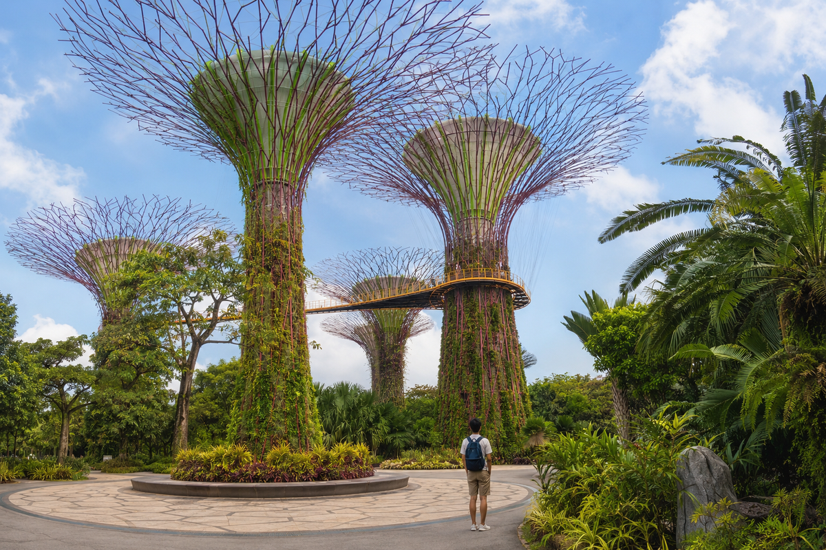 Illustration of a traveler beneath the Supertrees at Singapore's Gardens by the Bay.