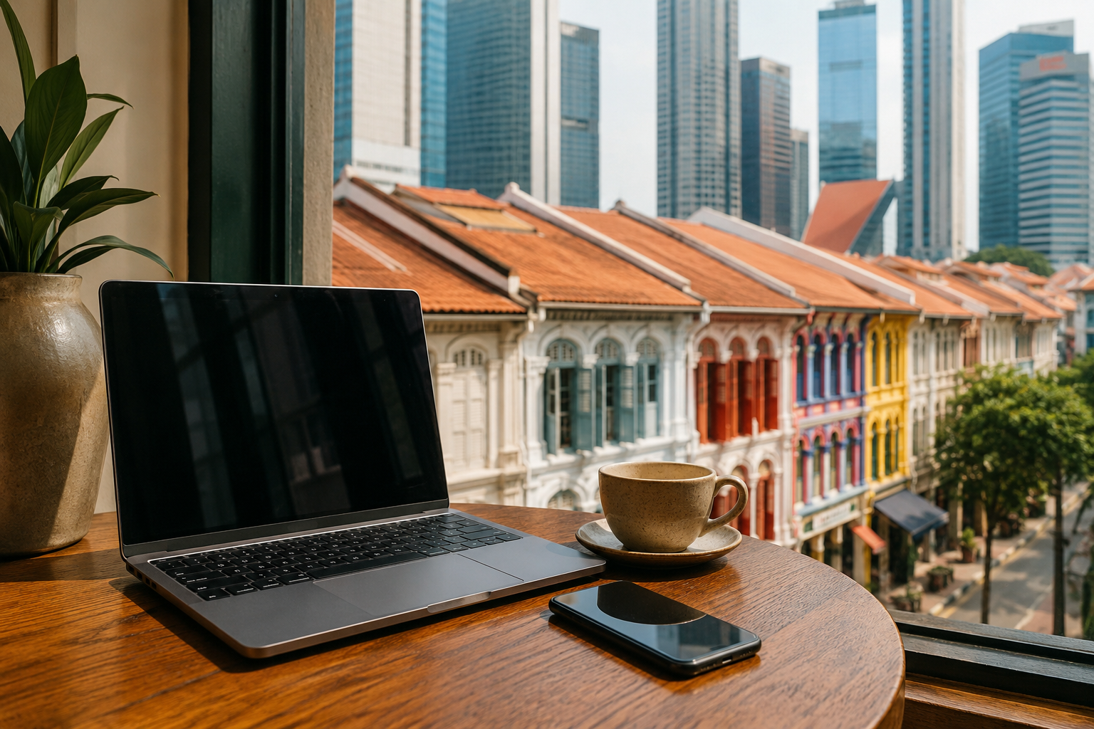 Illustration of a laptop and smartphone in a cafe overlooking Singapore heritage shophouses.