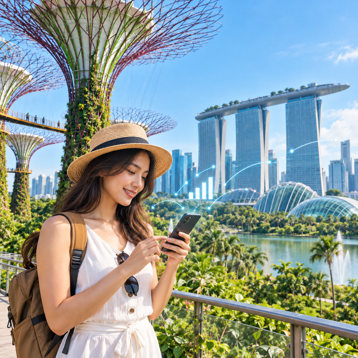 Traveler comparing Singapore eSIM data plans at Gardens by the Bay