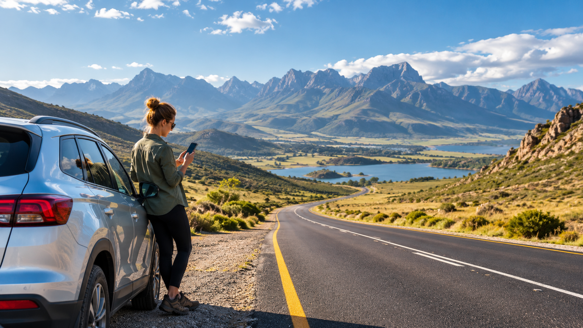 Traveler checking a smartphone beside a car on a scenic South African road