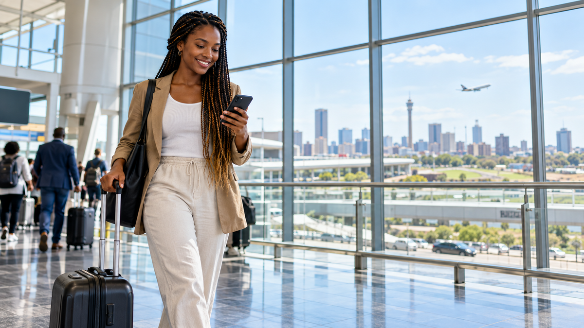 Traveler using a smartphone after arriving at Johannesburg airport