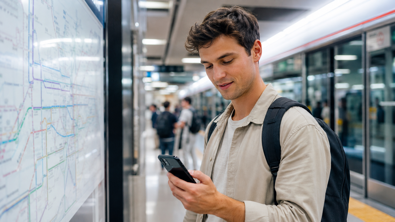 Traveler using mobile data in a Seoul subway station