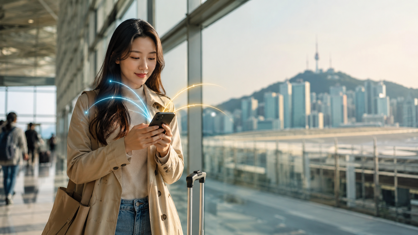 Traveler connecting after arriving in South Korea