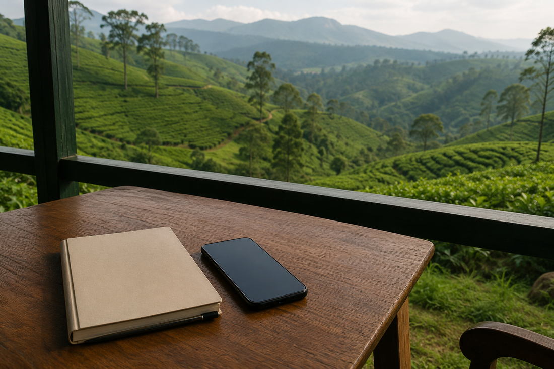 Unbranded phone and notebook overlooking Sri Lanka-inspired tea hills