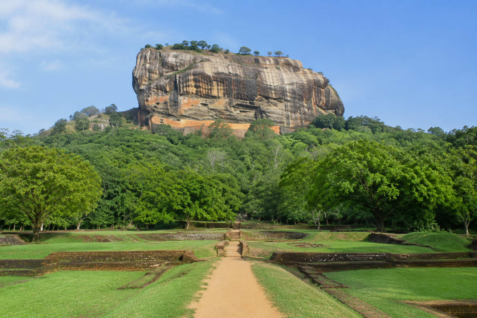 Illustrative view of Sigiriya rock rising above Sri Lankan greenery