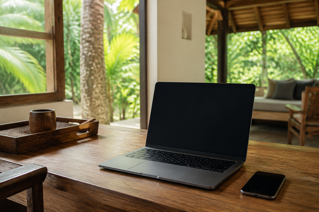 Unbranded laptop and smartphone in a Sri Lanka-inspired guesthouse