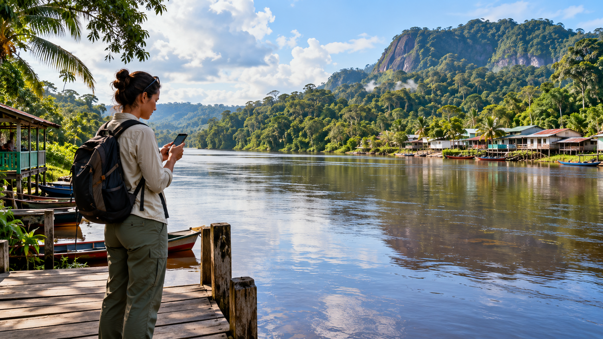 Traveler checking a smartphone beside a rainforest river in Suriname