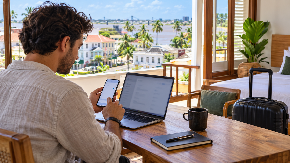 Traveler configuring a phone and laptop at a guesthouse in Paramaribo