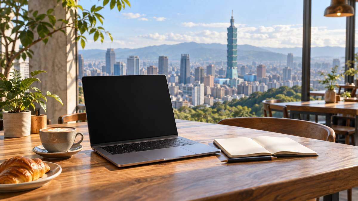 Laptop overlooking Taipei for the Taiwan eSIM hotspot and installation guide