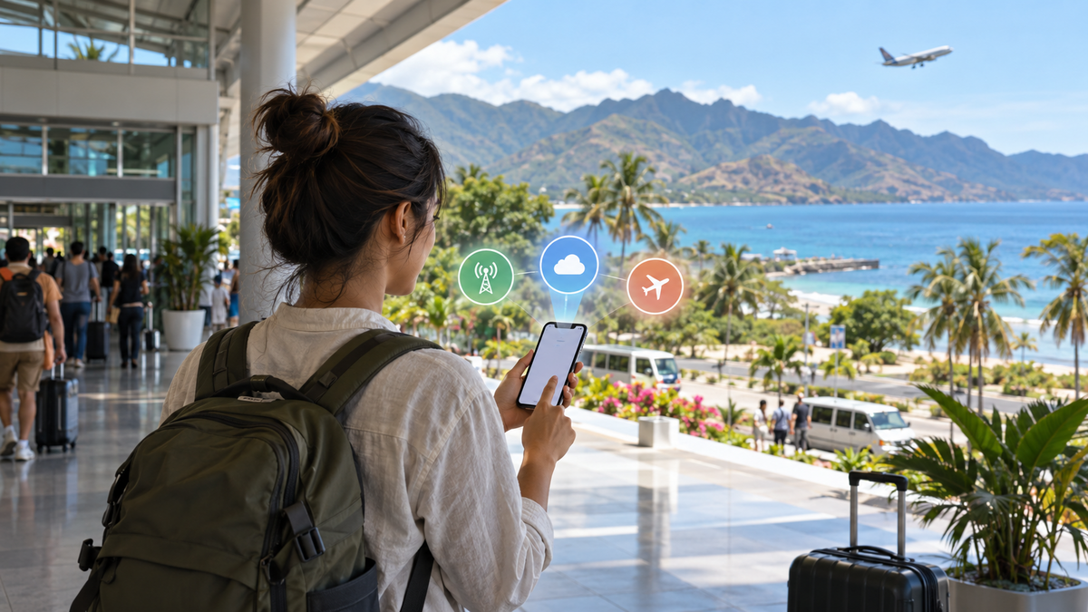 Traveler comparing mobile data choices on arrival in Timor-Leste