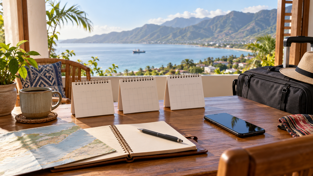 Travel planning desk overlooking the Timor-Leste coast