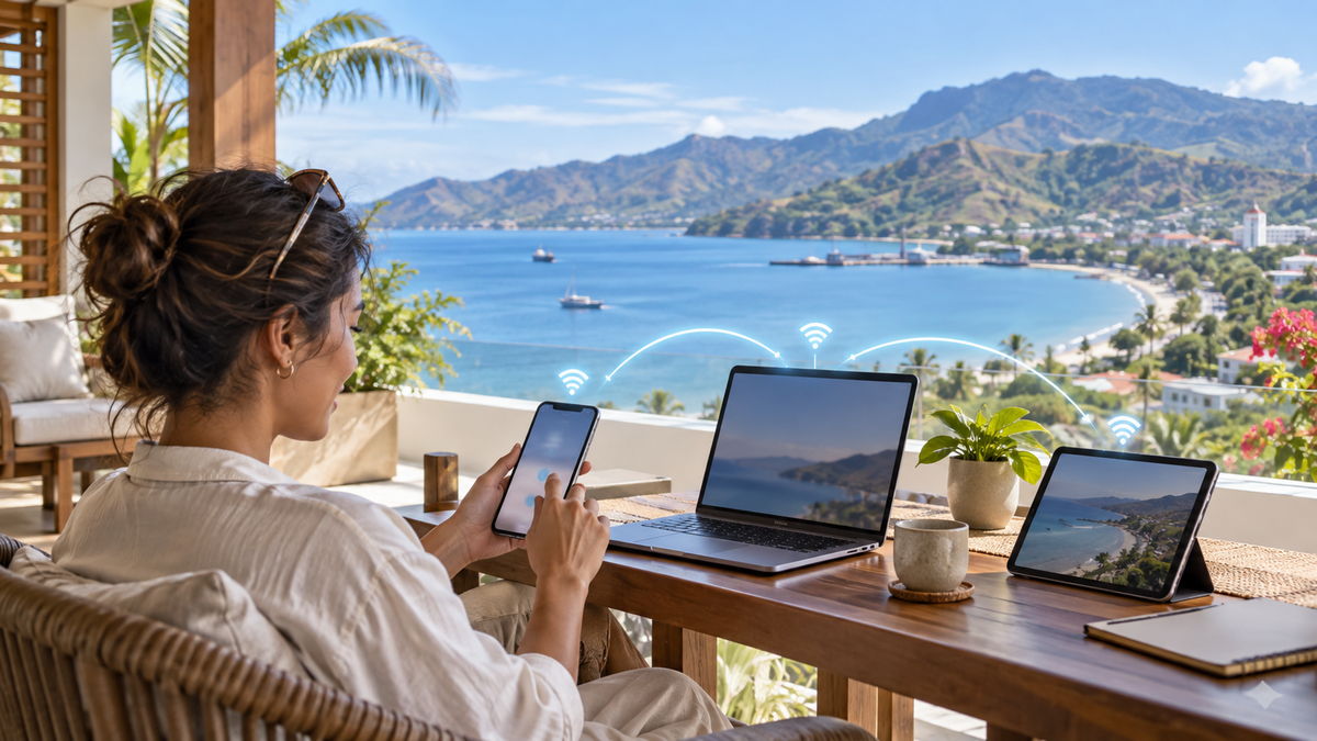 Traveler setting up an eSIM and hotspot overlooking Dili Bay