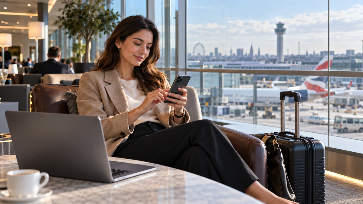 Traveler configuring a United Kingdom eSIM in an airport lounge