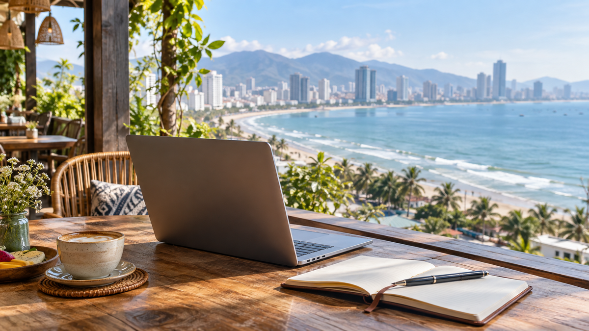 Laptop at a Da Nang coastal cafe for Vietnam eSIM hotspot guide
