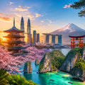 Asia eSIM for travelers with scenic Asian landmarks, Japan temple, Mount Fuji, Singapore skyline and tropical islands