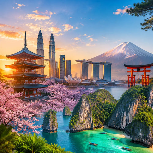 Asia eSIM for travelers with scenic Asian landmarks, Japan temple, Mount Fuji, Singapore skyline and tropical islands
