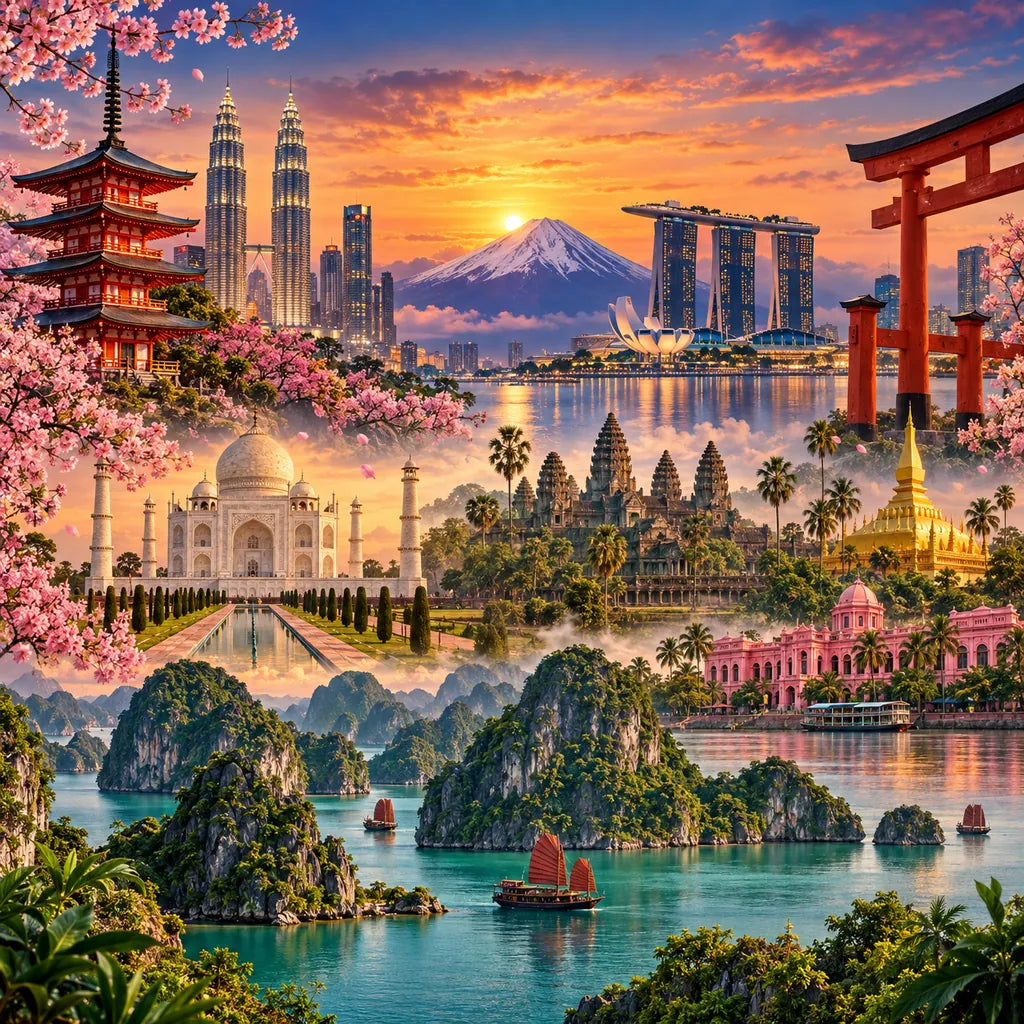 Asia eSIM for 16 countries travel data plan — Japan temple, Mount Fuji, Singapore skyline, Taj Mahal, Angkor Wat and Ha Long Bay