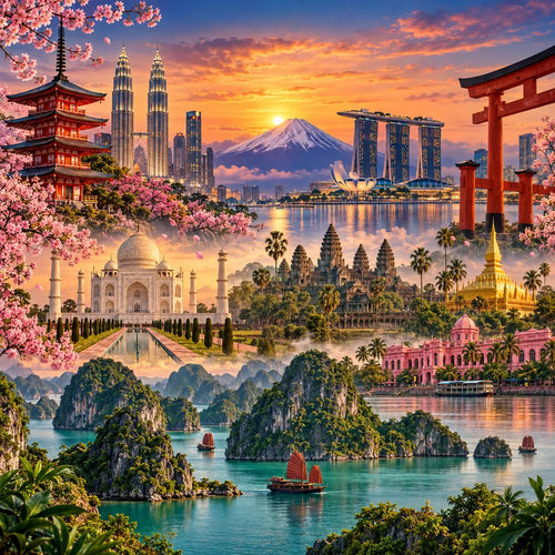 Asia eSIM for 16 countries travel data plan — Japan temple, Mount Fuji, Singapore skyline, Taj Mahal, Angkor Wat and Ha Long Bay