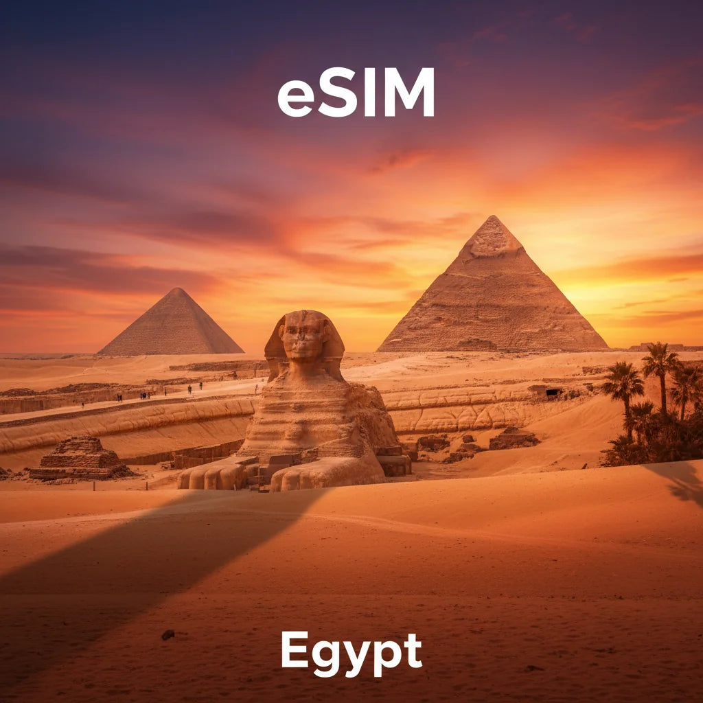 International roaming eSIM for Egypt, compatible with local networks, includes QR code for quick activation.