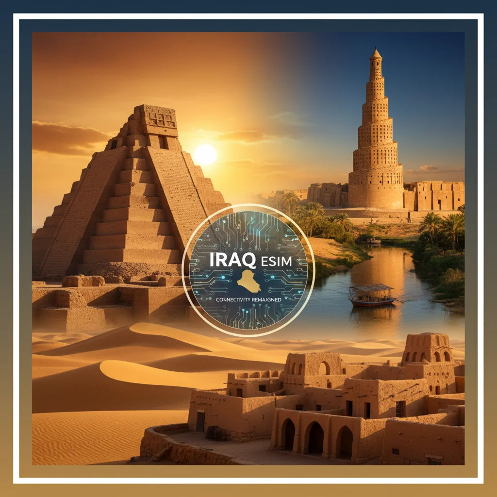 International roaming eSIM for Iraq, compatible with local networks, includes QR code for quick activation.