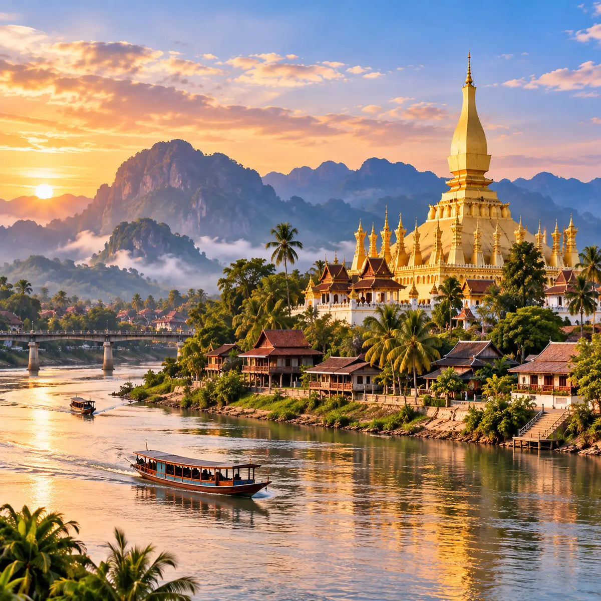 Laos eSIM – 강변 사원과 산 풍경