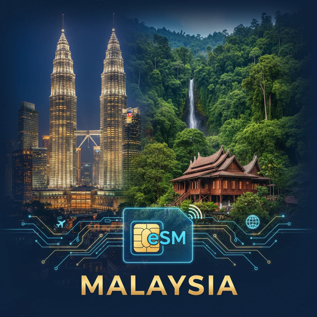 International roaming eSIM for Malaysia, compatible with local networks, includes QR code for quick activation.