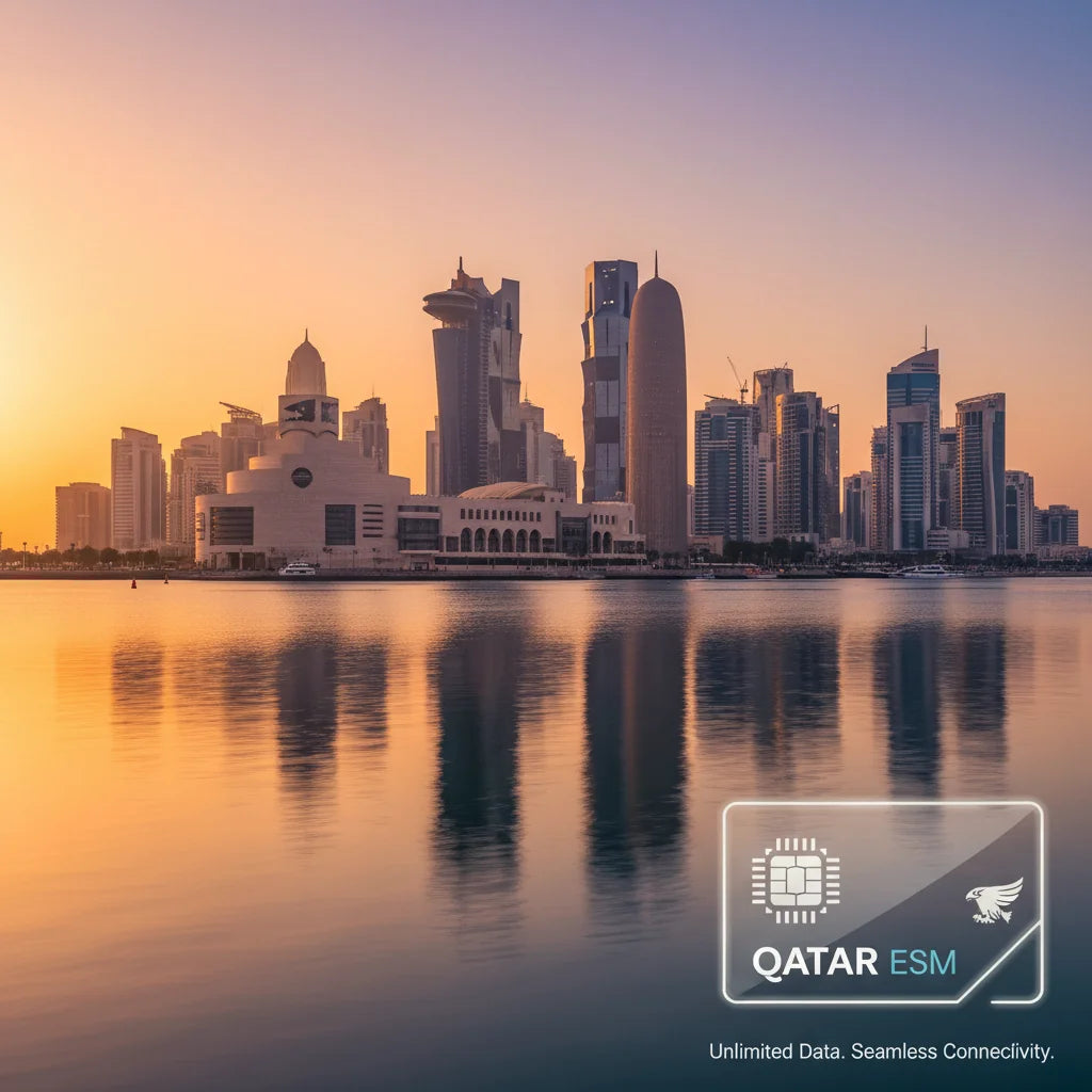 International roaming eSIM for Qatar, compatible with local networks, includes QR code for quick activation.