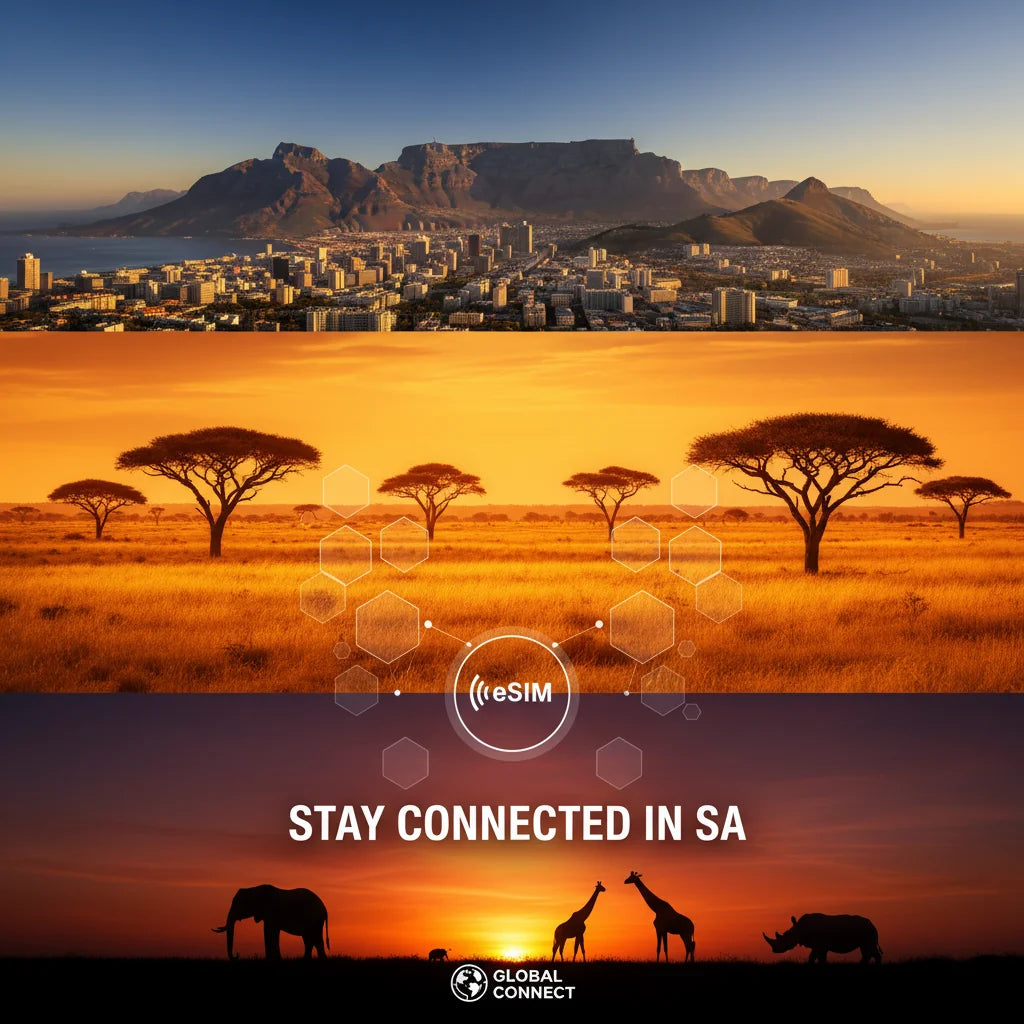International roaming eSIM for South Africa, compatible with local networks, includes QR code for quick activation.